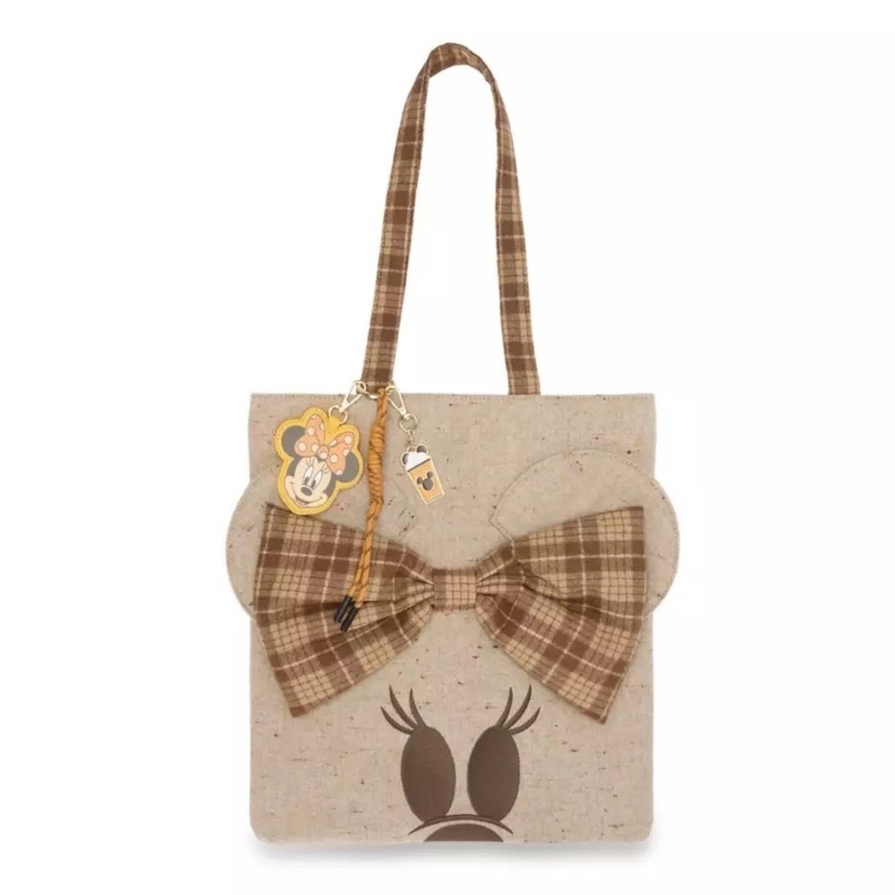 Minnie Mouse Fall with 3 Charms Tote Bag Autumnal Bow Flax Bag Plaid Strap
